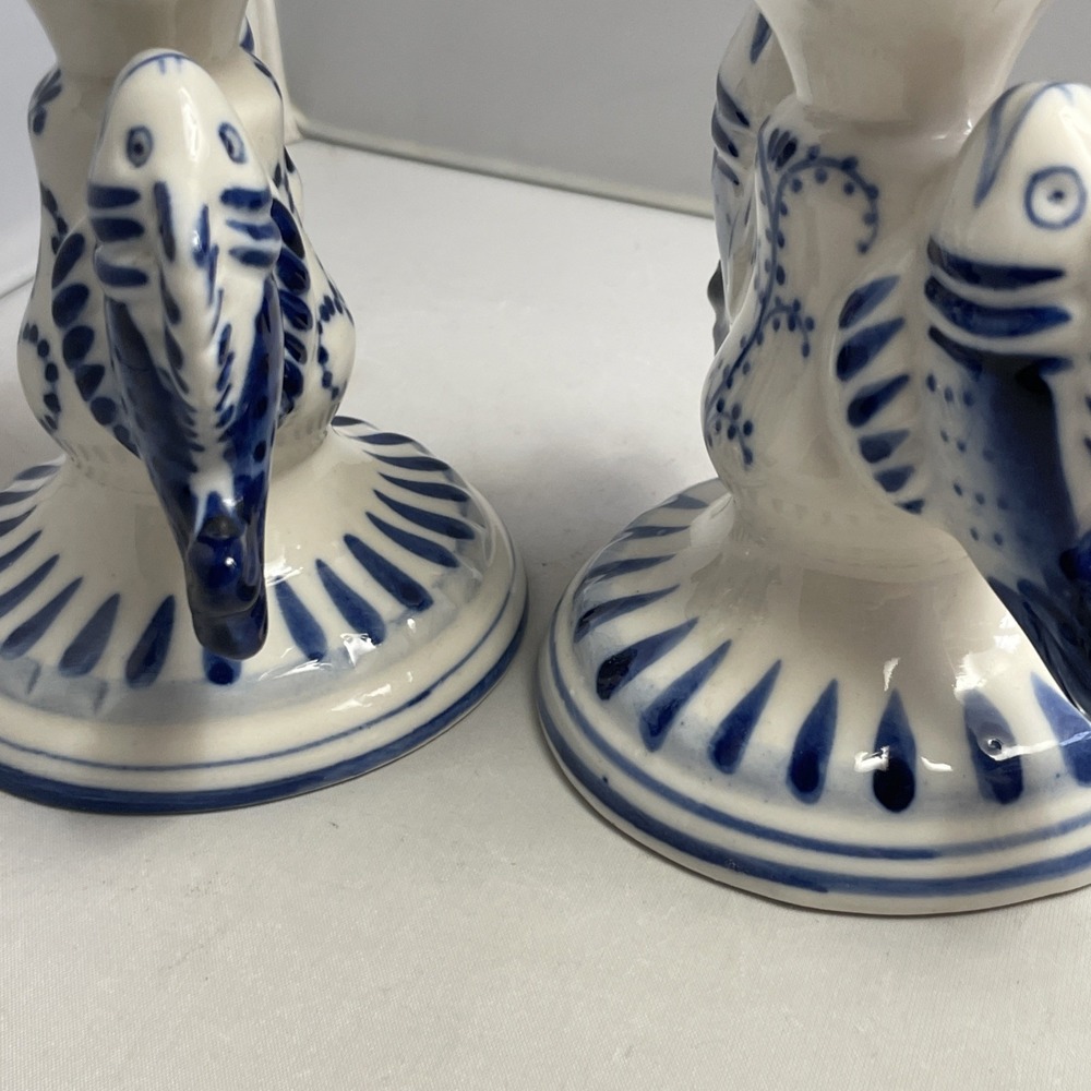 Gzhel Porcelain Russian Candlestick Hand Painted Blue & White Fish Theme Vintage - Picture 7 of 13